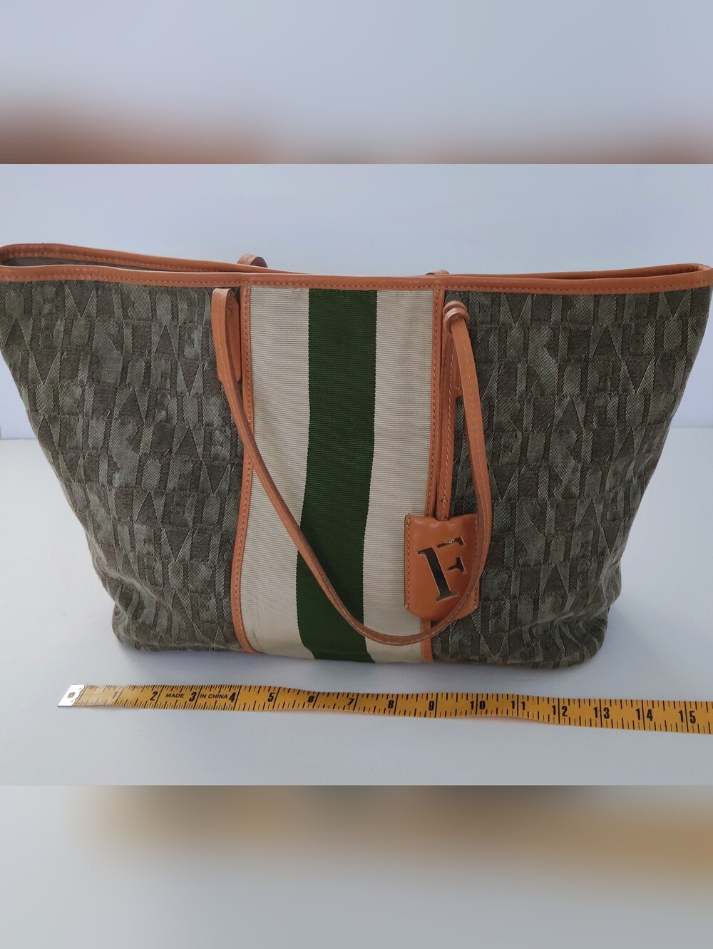 Furla Canvas Tote Bag with Green Stripe and Tan Lether Trim. Pre-owned. - Picture 10 of 13